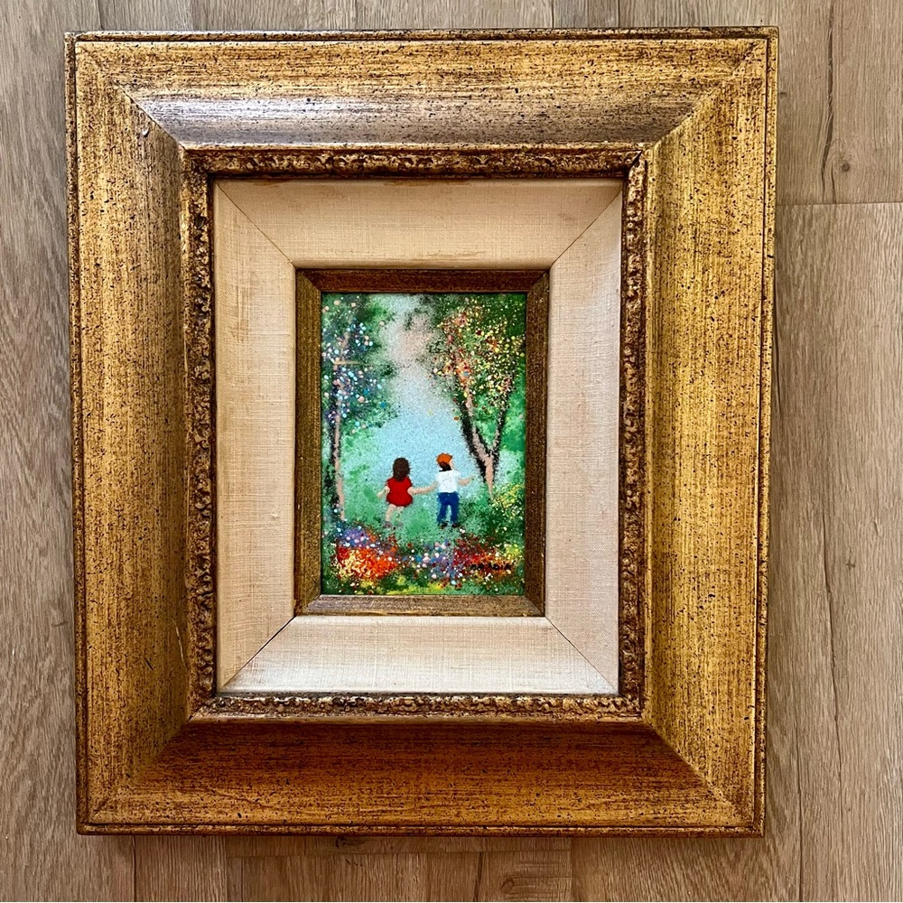 LOUIS‎ CARDIN Signed Enamel on Copper Painting, Gold Wood Frame, Kids In Forest